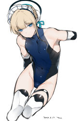 Rule 34 | 1boy, absurdres, aqua ribbon, armor, bare shoulders, black thighhighs, blonde hair, blue archive, blue eyes, blue hairband, blue leotard, bun cover, closed mouth, commentary request, covered collarbone, covered navel, cropped arms, cropped legs, dated, expressionless, genderswap, genderswap (ftm), hair ribbon, hairband, halo, head tilt, highleg, highleg leotard, highres, leotard, looking at viewer, male focus, ribbon, signature, simple background, sketch, solo, tawapo, thigh strap, thighhighs, toki (blue archive), trap, white background