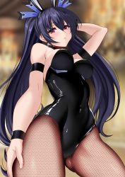 Rule 34 | 1girl, absurdres, bare shoulders, black choker, black hair, black leotard, blue hair ribbon, blue ribbon, breasts, choker, cleavage, female focus, fishnet legwear, fishnets, hair ornament, hair ribbon, hand on own hip, highres, indoors, leotard, light blush, long hair, looking at viewer, medium breasts, navel, neptune (series), noire (neptunia), nyamota, parted lips, playboy bunny, red eyes, ribbon, solo, source request, thighs, twintails