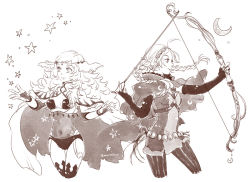 Rule 34 | 2girls, ahoge, arrow (projectile), black bridal gauntlets, bow (weapon), bridal gauntlets, buttons, choker, fire emblem, fire emblem fates, hairband, harness, holding, holding arrow, holding bow (weapon), holding weapon, insarability, looking to the side, low twintails, monochrome, multiple girls, nina (fire emblem), nintendo, o-ring, ophelia (fire emblem), parted bangs, turtleneck, twintails, upper body, weapon