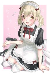 Rule 34 | 1girl, alternate costume, apron, avrcsl, azusawa kohane, black dress, black footwear, blonde hair, blush, bow, dress, frills, heart, highres, light brown hair, looking at viewer, maid, maid headdress, open mouth, project sekai, red bow, shoes, short sleeves, sitting, smile, solo, thighhighs, twintails