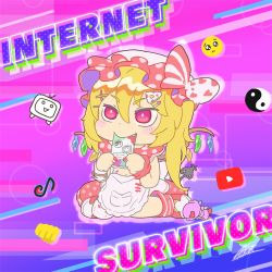 Rule 34 | 1girl, akion (chibaibaraki), apron, blonde hair, chibi, emoji, emoticon, english text, fang, fang out, flandre scarlet, frilled apron, frills, gradient background, hair between eyes, hat, internet survivor, laevatein (tail), long hair, mob cap, multicolored wings, niconico, pink background, pleading face emoji, polka dot, polka dot skirt, purple background, red eyes, red footwear, red skirt, shirt, side ponytail, sitting, skirt, solo, tail, tiktok, touhou, waist apron, wariza, white apron, wings, yin yang, youtube
