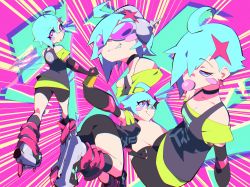 Rule 34 | 1girl, aetherion, ahoge, aqua eyes, aqua hair, bent over, blush, blush stickers, breasts, blowing bubbles, cleavage, from behind, full body, goggles, headphones, highres, huge filesize, jet set radio future, medium breasts, multicolored eyes, multiple views, original, pink background, pink eyes, roller skates, short hair, skates, space girl (aetherion)