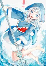 Rule 34 | !, 1girl, absurdres, animal costume, animal hood, bare legs, barefoot, blue eyes, blue hair, blue hoodie, blunt bangs, blush, commentary request, dutch angle, feet, fins, fish tail, full body, gawr gura, gawr gura (1st costume), grey hair, highres, holding, hololive, hololive english, hood, hoodie, leaning back, legs, long hair, long sleeves, looking at viewer, multicolored hair, open mouth, oversized clothes, polearm, ripples, shark costume, shark girl, shark hood, shark print, shark tail, sharp teeth, sidelocks, soles, solo, standing, standing on one leg, streaked hair, tail, teeth, tiptoes, toes, tongue, trident, upper teeth only, virtual youtuber, water, weapon, wide sleeves, yuga-kusakata