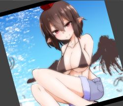 Rule 34 | &gt;:), 1girl, alternate costume, bikini, bikini top only, blush, breasts, brown hair, collarbone, day, hat, highres, jpeg artifacts, large breasts, photo (object), pointy ears, red eyes, shameimaru aya, short hair, shorts, sky, solo, squatting, swimsuit, takorice, tokin hat, touhou, v-shaped eyebrows, v arms, wings