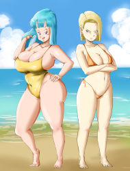 Rule 34 | 2girls, adjusting hair, alternate breast size, android 18, angry, arms up, bare shoulders, barefoot, beach, bikini, blonde hair, blue eyes, blue hair, blue sky, bob cut, breast envy, breasts, cleavage, closed mouth, cloud, covered navel, crossed arms, curvy, day, dragon ball, dragonball z, earrings, feet, female focus, full body, green hair, groin, happy, highres, hime cut, hoop earrings, huge breasts, jewelry, large breasts, legs, legs apart, long hair, looking at another, looking at viewer, looking to the side, maron (dragon ball), medium hair, multiple girls, navel, ocean, one-piece swimsuit, open mouth, orange bikini, outdoors, panarandom, purple eyes, sand, shiny skin, side-tie bikini bottom, side slit, sky, smile, solo, swimsuit, thick thighs, thighs, thong bikini, toes, water, wide hips, yellow one-piece swimsuit
