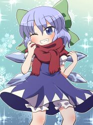 Rule 34 | 1girl, bloomers, blue bow, blue dress, blue eyes, blue hair, blush, bow, cirno, dress, fairy, feet out of frame, fringe trim, grin, hair between eyes, hair bow, highres, ice, ice wings, one eye closed, puffy short sleeves, puffy sleeves, red scarf, rokugou daisuke, scarf, shirt, short hair, short sleeves, smile, solo, sparkle, touhou, underwear, white bloomers, white shirt, wings