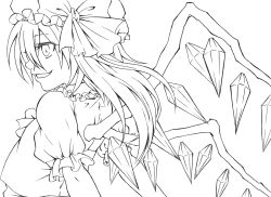 Rule 34 | 1girl, female focus, flandre scarlet, from side, greyscale, hat, highres, lineart, mob cap, monochrome, nora wanko, smile, solo, touhou, wings