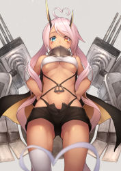 Rule 34 | 1girl, ahoge, anchor, asymmetrical horns, azur lane, bad id, bad pixiv id, bare arms, bare shoulders, black gloves, black shorts, blue eyes, blush, breasts, collar, crop top, crop top overhang, facial mark, fingerless gloves, from below, gloves, gluteal fold, grey background, hands on own hips, heart, heart ahoge, heterochromia, horns, indianapolis (azur lane), kyoeiki, legs apart, long hair, looking at viewer, looking down, machinery, medium breasts, navel, open fly, orange eyes, pink hair, shorts, simple background, single thighhigh, solo, stomach, swept bangs, thighhighs, thighs, turret, twintails, underboob, very long hair, white thighhighs