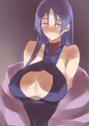 alternate_costume bad_id bad_pixiv_id bare_shoulders breasts cleavage cleavage_cutout closed_mouth clothing_cutout dress fate/grand_order fate_(series) halterneck large_breasts long_hair looking_at_viewer minamoto_no_raikou_(fate) parted_bangs purple_dress purple_eyes purple_hair smile solo very_long_hair yostxxx