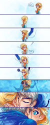 Rule 34 | 1boy, 1girl, blue eyes, comic, crossover, ebiko-chan, elsa (frozen), frozen (disney), hetero, highres, jack frost (rise of the guardians), kiss, rise of the guardians, shadow, staff