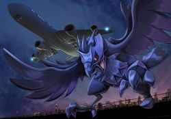 Rule 34 | aircraft, airplane, animal focus, artist name, bird, black sclera, blue sky, bright pupils, building, chain-link fence, city, claws, cloud, colored sclera, corviknight, creatures (company), dated, fence, flying, full body, game freak, gen 8 pokemon, gradient sky, highres, jet, katkichi, nintendo, no humans, open mouth, outdoors, pokemon, pokemon (creature), red eyes, signature, sky, solo, sunrise, tongue, white pupils