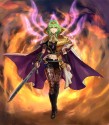 Rule 34 | 1girl, asymmetrical clothes, boots, byleth (female) (fire emblem), byleth (fire emblem), cape, crests (fire emblem), dagger, embers, enlightened byleth (female), fire, fire emblem, fire emblem: three houses, fire emblem warriors: three hopes, green eyes, green hair, highres, knife, midriff, navel, nintendo, official alternate costume, pantyhose, serious, shorts, solo, stup-jam, sword, tiara, walking, weapon