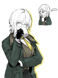Rule 34 | ..., 1girl, black gloves, blue eyes, cup, drinking, faust (project moon), glasses, gloves, green jacket, highres, holding, holding cup, jacket, limbus company, naughty 0b, necktie, project moon, round eyewear, solo, spoken ellipsis, white hair, yellow necktie