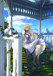 Rule 34 | 1girl, barefoot, bench, bird, blonde hair, blue eyes, blue sky, breasts, chef no kimagure salad, cleavage, cloud, cockatoo, day, dress, flower, gazebo, grass, hair flower, hair ornament, highres, large breasts, long hair, looking at viewer, mountain, original, outdoors, pointy ears, sideboob, sitting, sky, sleeveless, sleeveless dress, solo, sulphur-crested cockatoo, v