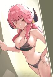 Rule 34 | 1girl, :/, absurdres, aru (blue archive), black bra, black panties, blue archive, blunt bangs, blush, bra, breasts, cleavage, closed mouth, commentary request, doorway, hand on own hip, highres, horns, large breasts, long hair, orange eyes, panties, pink hair, revision, solo, solokitsune, sweatdrop, underwear, underwear only