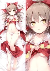 Rule 34 | 1girl, absurdres, arm ribbon, bare legs, bare shoulders, barefoot, bed sheet, blush, bow, bow panties, breasts, brown hair, clothes pull, collarbone, detached sleeves, frilled shirt collar, frills, full body, groin, hair bow, hair tubes, hakurei reimu, half updo, highres, lifted by self, long hair, long sleeves, looking at viewer, lying, medium breasts, miniskirt, mochizuki shiina, multiple views, navel, on back, panties, panty pull, parted lips, petticoat, pulled by self, red bow, red ribbon, ribbon, ribbon-trimmed sleeves, ribbon trim, scan, sidelocks, skirt, skirt pull, smile, stomach, thighs, touhou, underboob, underwear, white panties, wide sleeves, yellow bow, yellow eyes