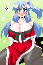Rule 34 | 1girl, ?, akasode (tyaramu), bare shoulders, blue eyes, blue hair, blush, breasts, curvy, detached sleeves, gradient background, hair bobbles, hair ornament, highres, huge breasts, long hair, looking at viewer, matching hair/eyes, open mouth, pantyhose, seiza, shinki (touhou), side ponytail, sitting, smile, solo, spoken question mark, thick thighs, thighs, touhou, touhou (pc-98), wide hips
