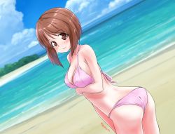 Rule 34 | 1girl, abimaru gup, ass, back, beach, bikini, blue sky, blurry, blurry background, blush, breast hold, breasts, brown eyes, brown hair, closed mouth, cloud, cloudy sky, day, depth of field, dutch angle, from side, girls und panzer, highres, horizon, looking at viewer, looking back, medium hair, nishizumi miho, ocean, one-hour drawing challenge, outdoors, pink bikini, shore, short hair, sky, smile, solo, standing, swimsuit, twitter username, water