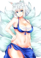 Rule 34 | 1girl, animal ear fluff, animal ears, artist request, azur lane, belly, bikini, blue bikini, blue bra, blue eyes, bra, breasts, collarbone, cowboy shot, curvy, female focus, fox ears, fox tail, front-tie top, kaga (azur lane), large breasts, looking at viewer, multiple tails, navel, open mouth, panties, sarong, short hair, simple background, smile, solo, swimsuit, tail, thick thighs, thighs, underwear, white background, white hair, white panties