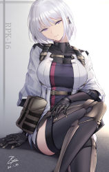 Rule 34 | 1girl, absurdres, arm support, black gloves, boots, breasts, character name, dated, elbow gloves, girls&#039; frontline, gloves, hair ornament, half-closed eyes, head tilt, highres, jacket, knee up, large breasts, looking at viewer, partial bodysuit, pouch, purple eyes, rpk-16 (girls&#039; frontline), short hair, signature, silver hair, sitting, smile, solo, strap, thigh boots, thighhighs, uniform, zhishi ge fangzhang