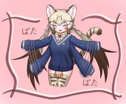 Rule 34 | 1girl, absurdres, animal ears, bow, bowtie, cardigan, cat ears, cat girl, cat tail, equalarrow, extra ears, geoffroy&#039;s cat (kemono friends), grey hair, highres, kemono friends, kemono friends v project, kneehighs, long hair, microphone, pink background, ribbon, shirt, simple background, socks, solo, tail, twintails, virtual youtuber