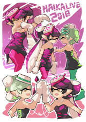Rule 34 | + +, 2018, 2girls, ankle boots, black dress, black footwear, black hair, black jumpsuit, boots, brown eyes, callie (splatoon), closed mouth, commentary, cousins, dancing, detached collar, dress, earrings, english commentary, english text, fangs, food, food on head, frown, gloves, gomipomi, green hair, green legwear, grey hair, hand on another&#039;s shoulder, high five, inkling, jewelry, jumpsuit, long hair, looking at another, marie (splatoon), mole, mole under eye, multicolored hair, multiple girls, nintendo, object on head, open mouth, pantyhose, pointy ears, purple hair, purple legwear, sad, short dress, short hair, short jumpsuit, smile, splatoon (series), splatoon 1, standing, strapless, strapless dress, tentacle hair, two-tone hair, wet, white gloves