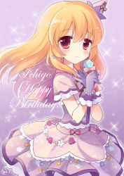 Rule 34 | 10s, 1girl, aikatsu!, aikatsu! (series), artist name, bad id, bad pixiv id, blonde hair, blush, bow, character name, dress, frilled dress, frills, gloves, happy birthday, hat, holding, holding microphone, hoshimiya ichigo, jewelry, long hair, looking at viewer, mana (10221125), microphone, mini hat, necklace, red eyes, short sleeves, smile, solo