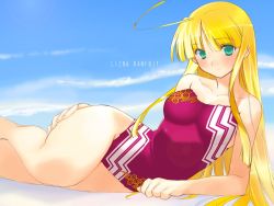Rule 34 | 1girl, adapted costume, blonde hair, competition swimsuit, green eyes, lizna ranfbit, long hair, lying, non-web source, on side, one-piece swimsuit, orion, orion (orionproject), rance5d, rance (series), rizna lanfebit, solo, swimsuit, wallpaper