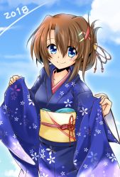 Rule 34 | 1girl, 2018, alternate hairstyle, blue background, blue eyes, blue kimono, brown hair, closed mouth, commentary request, hair ornament, hair up, japanese clothes, kimono, long sleeves, looking at viewer, lyrical nanoha, print kimono, san-pon, short hair, smile, solo, standing, upper body, wide sleeves, x hair ornament, yagami hayate