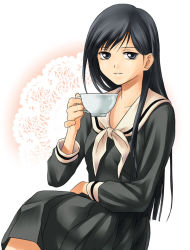 Rule 34 | 00s, 1girl, black eyes, black hair, cup, hand on lap, holding, holding cup, lace background, long hair, looking at viewer, maria-sama ga miteru, ogasawara sachiko, pink background, pinky out, school uniform, sitting, smile, solo, teacup