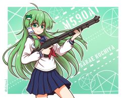Rule 34 | 1girl, ahoge, blue serafuku, blue skirt, blush, border, breasts, character name, commentary request, finger on trigger, frog hair ornament, green background, green eyes, green hair, gun, hair ornament, highres, holding, holding gun, holding weapon, kochiya sanae, large breasts, long hair, long sleeves, looking at viewer, pleated skirt, red neckwear, rifle, school uniform, serafuku, shirt, shitacemayo, shotgun, skirt, smile, snake hair ornament, solo, sparkle, standing, star (symbol), thighs, touhou, twitter username, weapon, white shirt
