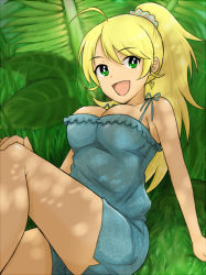 Rule 34 | 1girl, ahoge, bare shoulders, blonde hair, breasts, camisole, cleavage, dappled sunlight, green eyes, hoshii miki, idolmaster, idolmaster (classic), large breasts, long hair, ponytail, scrunchie, shorts, smile, solo, spaghetti strap, stmp, sunlight