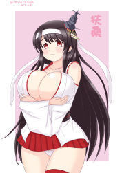 Rule 34 | 10s, 1girl, black hair, breast hold, breasts, character name, cleavage, detached sleeves, floral print, fusou (kancolle), fusou kai ni (kancolle), hair ornament, hair ribbon, headgear, japanese clothes, kantai collection, large breasts, long hair, looking at viewer, masara (chuujou), microskirt, nontraditional miko, panties, red eyes, ribbon, skirt, smile, solo, twitter username, underwear, white panties