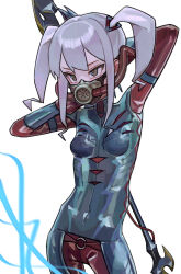 Rule 34 | 1girl, absurdres, bodysuit, breasts, breathing tube, brown eyes, contrapposto, grey hair, highres, holding, holding polearm, holding weapon, original, polearm, respirator, saaal653, shiny clothes, skin tight, small breasts, solo, spear, tsurime, tube, twintails, weapon