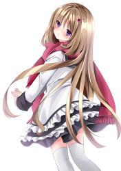 Rule 34 | 1girl, :o, bad id, bad pixiv id, black sailor collar, blush, commentary request, dress, frilled dress, frills, fringe trim, from behind, hair between eyes, hair ornament, hairclip, head tilt, light brown hair, long hair, long sleeves, looking at viewer, looking back, nanase nao, original, own hands together, parted lips, purple eyes, red scarf, sailor collar, sailor dress, scarf, simple background, solo, thighhighs, very long hair, white background, white dress, white thighhighs