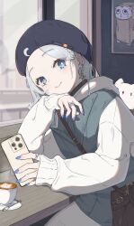 Rule 34 | 1girl, absurdres, blue eyes, choker, commentary request, earrings, grey hair, hair ornament, highres, holding, holding phone, jewelry, kaga sumire, long sleeves, looking at viewer, phone, ring, short hair, simuyutou, smile, solo, virtual youtuber, vspo!