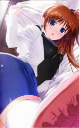 Rule 34 | 00s, 1girl, :o, absurdres, blue eyes, blush, breasts, brown hair, from behind, highres, long hair, looking at viewer, lying, lyrical nanoha, mahou shoujo lyrical nanoha, mahou shoujo lyrical nanoha strikers, mikuni mizuki, military, military uniform, on stomach, partially undressed, purple eyes, red hair, side ponytail, skirt, solo, takamachi nanoha, thighhighs, uniform, white thighhighs