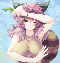 Rule 34 | 1girl, animal ears, armpits, bare arms, breasts, brown hair, curly hair, female focus, futatsuiwa mamizou, glasses, green eyes, large breasts, leaf, light smile, maki (seventh heaven maxion), one eye closed, raccoon ears, raccoon tail, short hair, solo, tail, touhou, upper body, wink