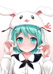 Rule 34 | 1girl, absurdres, animal hat, antennae, closed mouth, commentary request, green eyes, green hair, hat, highres, long sleeves, looking at viewer, muki (munikichan), rabbit hat, short hair, smile, solo, touhou, upper body, white background, wriggle nightbug