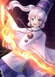 Rule 34 | 1girl, :d, black background, blue eyes, blue hat, blue skirt, fire, grey hair, hat, highres, japanese clothes, kariginu, kyabekko, long sleeves, looking at viewer, medium hair, mononobe no futo, open mouth, pom pom (clothes), ponytail, ribbon-trimmed sleeves, ribbon trim, simple background, skirt, smile, solo, tate eboshi, touhou, wide sleeves