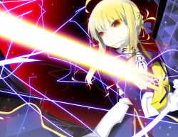 Rule 34 | 1girl, absurdres, ahoge, armor, armored dress, artoria pendragon (fate), bad id, bad pixiv id, blonde hair, brown eyes, dress, excalibur (fate/stay night), fate/stay night, fate (series), gauntlets, glowing, glowing sword, glowing weapon, hair ribbon, highres, ribbon, saber (fate), senya fuurin, solo, sword, weapon
