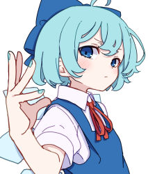 Rule 34 | 1girl, absurdres, ahoge, blue bow, blue dress, blue eyes, blue hair, blush, bow, cirno, closed mouth, collared shirt, dress, fairy, hair between eyes, hair bow, highres, ice, ice wings, kame (kamepan44231), shirt, short hair, short sleeves, simple background, solo, touhou, upper body, white background, white shirt, wings