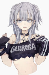 Rule 34 | 1girl, absurdres, black camisole, black choker, black nails, black shirt, bone print, camisole, choker, clothes writing, cropped shirt, cropped torso, ear piercing, earrings, grey background, grey eyes, grey hair, hands up, highres, jewelry, looking at viewer, medium hair, nail polish, navel, o-ring, o-ring choker, off-shoulder shirt, off shoulder, original, parted lips, piercing, ring, shirt, simple background, solo, tokiwata soul