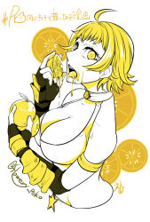Rule 34 | 1girl, ahoge, bikini, breasts, cleavage, commentary request, copyright name, cropped torso, eating, elbow gloves, fingerless gloves, flowery peko, food, fruit, gloves, juice, large breasts, lemon, looking at viewer, looking to the side, medium bangs, monochrome, open mouth, poring, ragnarok online, short hair, simple background, solo, star (symbol), swimsuit, teeth, tongue, tongue out, translation request, twitter username, upper body, upper teeth only, vambraces, whitesmith (ragnarok online), yellow theme