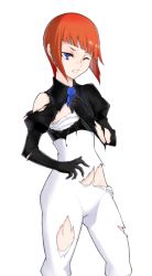Rule 34 | 1girl, blue eyes, breasts, caladrius, frilled shirt collar, frills, noah twining, official art, orange hair, short hair, simple background, small breasts, solo, torn clothes, yasuda suzuhito