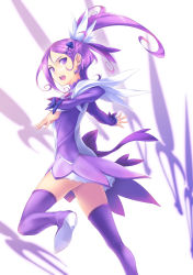 Rule 34 | 1girl, boots, brooch, cure sword, dokidoki! precure, dress, earrings, hair ornament, hairclip, heart, heart brooch, highres, jewelry, kenzaki makoto, long hair, magical girl, nanakusa, open mouth, outstretched arm, parted bangs, ponytail, precure, purple eyes, purple footwear, purple hair, purple skirt, purple theme, purple thighhighs, skirt, solo, spade hair ornament, sword, thigh boots, thighhighs, weapon