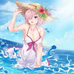 1girl absurdres adjusting_clothes adjusting_headwear arm_up armpits artist_name bare_arms bare_shoulders bow breasts cleavage collarbone day dress dress_bow fate/grand_order fate_(series) hair_over_one_eye hat highres horizon kitsun8 large_breasts looking_at_viewer mash_kyrielight ocean outdoors pink_dress pink_hair purple_eyes short_hair sky sleeveless sleeveless_dress solo spaghetti_strap straw_hat wading water wet wet_clothes wet_dress