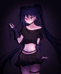 Rule 34 | 1girl, absurdres, black background, black shirt, black skirt, blue hair, breasts, brown hair, crop top, cropped shirt, fishnet pantyhose, fishnets, goth fashion, gothic, highres, idol corp, long hair, looking at viewer, midriff, navel, open mouth, pantyhose, red eyes, shirt, single leg pantyhose, skirt, small breasts, thigh strap, thinkuwu, twintails, virtual youtuber, yuko yurei