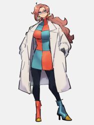 Rule 34 | 1girl, alternate hairstyle, android 21, asymmetrical footwear, blue eyes, blue footwear, boots, breasts, checkered clothes, checkered dress, dragon ball, dragon ball fighterz, dress, full body, glasses, grey background, hands in pockets, kemachiku, lab coat, large breasts, long hair, long sleeves, looking at viewer, mismatched footwear, pantyhose, red footwear, simple background, solo, standing