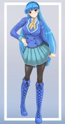 Rule 34 | 1990s (style), 1girl, black hairband, black pantyhose, blazer, blue background, blue eyes, blue footwear, blue hair, blue skirt, blue theme, blunt bangs, blush, boots, breasts, contrapposto, cross-laced footwear, full body, hairband, hand on own hip, highres, hip focus, jacket, knee boots, kumakichi (cost-lost), lace-up boots, large breasts, long hair, long sleeves, magic knight rayearth, matching hair/eyes, pantyhose, pleated skirt, retro artstyle, ryuuzaki umi, school uniform, skirt, solo, standing